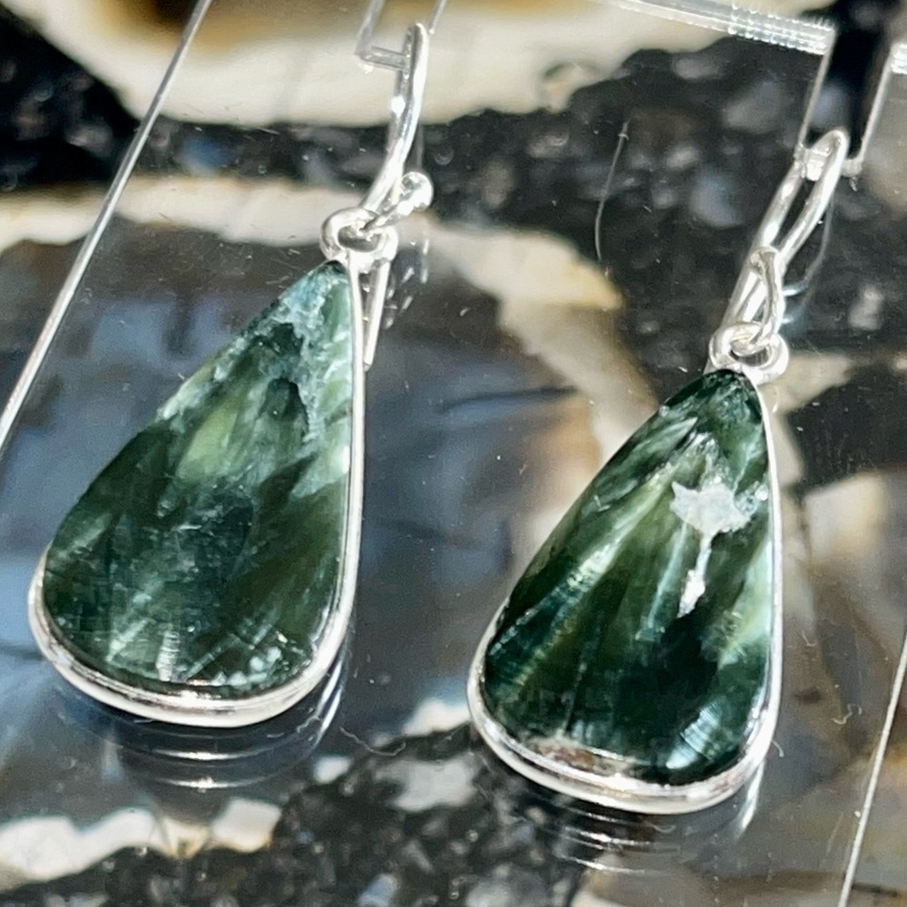 Dainty Deep Green Emerald Seraphinite Earrings 1 1/2”